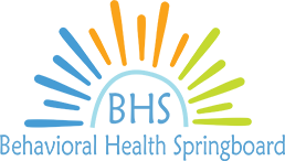 Behavioral Health Springboard Logo - Sky blue serif type with blue, orange, and green sun icon above